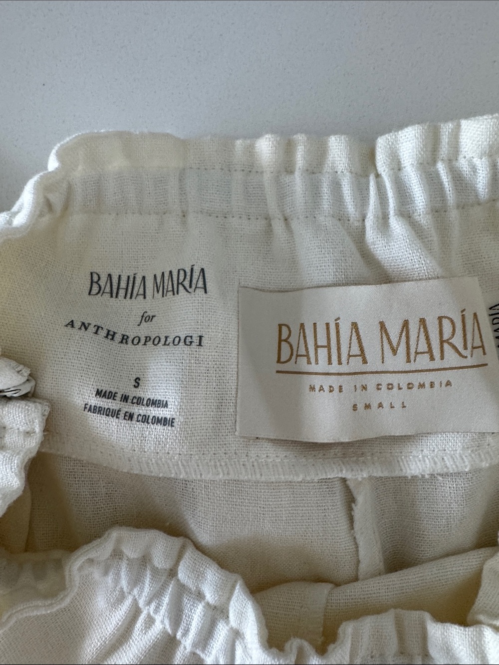 Bahia Maria Anthropologie Cream High-Waist Shorts with Olive Cutout Leaf Hem - Picture 3 of 5